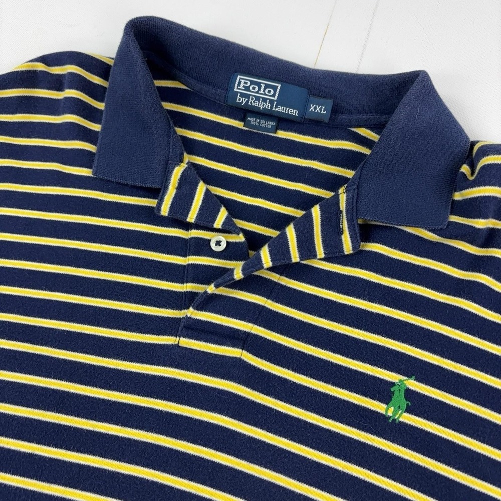 Vintage Ralph Lauren Polo Shirt Mens 2XL Blue Striped Cotton Knit Short Sleeve